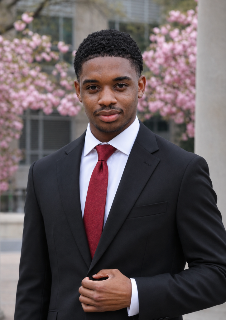 Alfred W. Lewis Jr. in a black suit with ruby red necktie