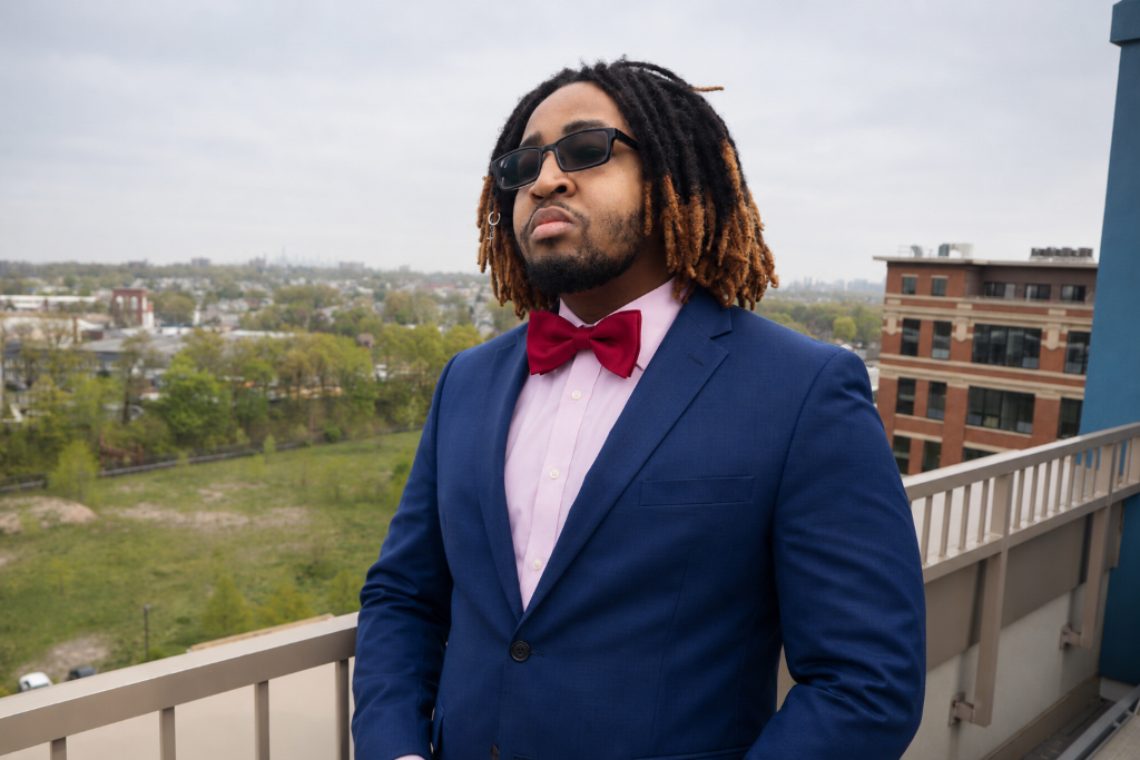 Kinde Mnkaptah in a blue suit with a ruby red bow tie